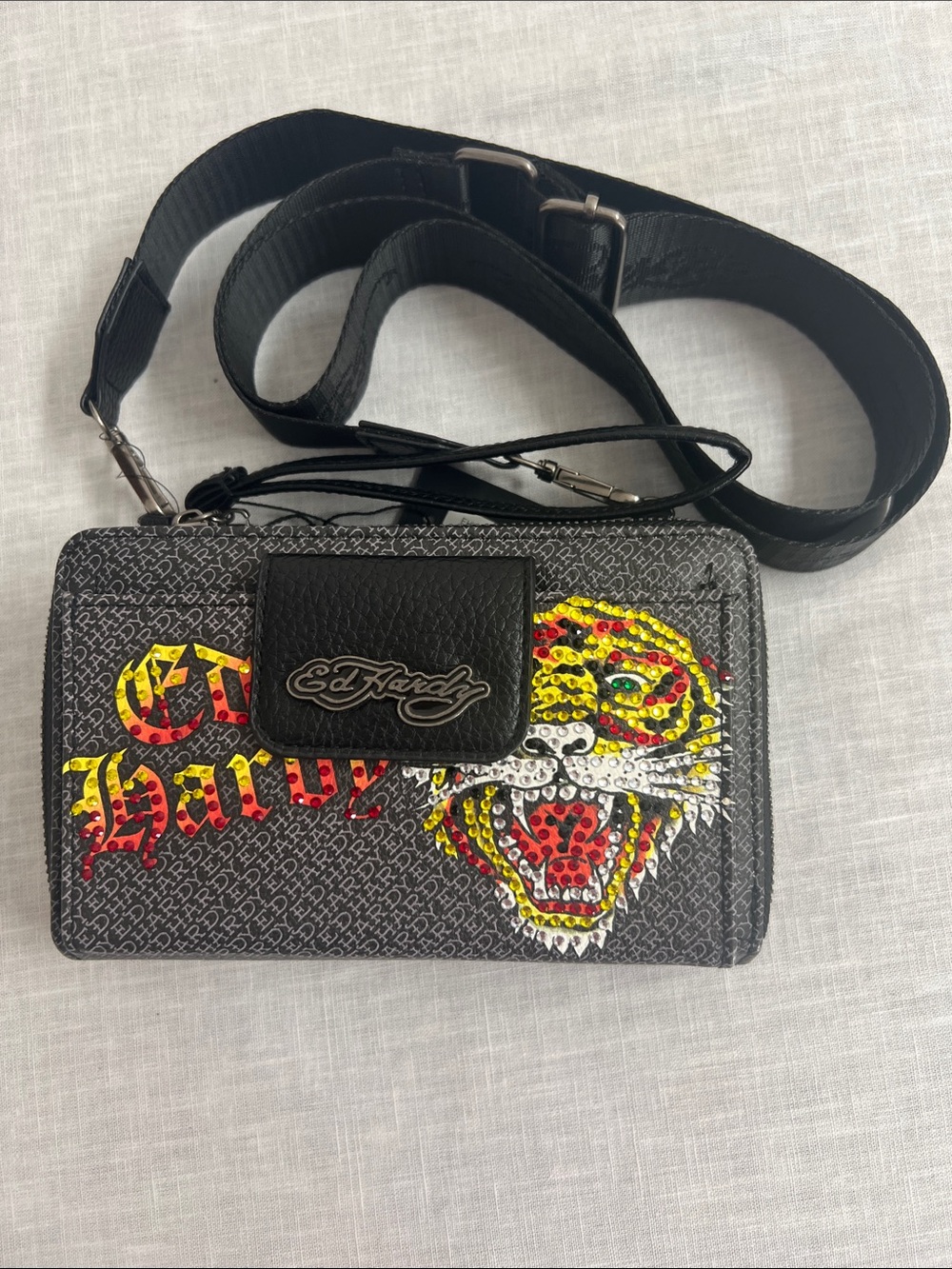 🌞Ed Hardy Black Crossbody Bag/Wristlet/Delux Wallet Yellow & Red Tiger Design